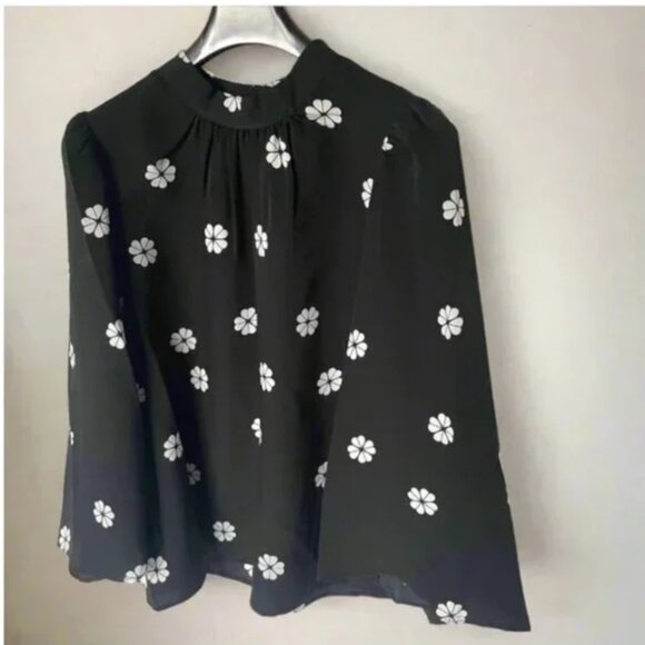 Kate Spade Black Floral Mock Neck Blouse Womens XL Puff Bell Sleeve Crepe Top - Picture 3 of 10